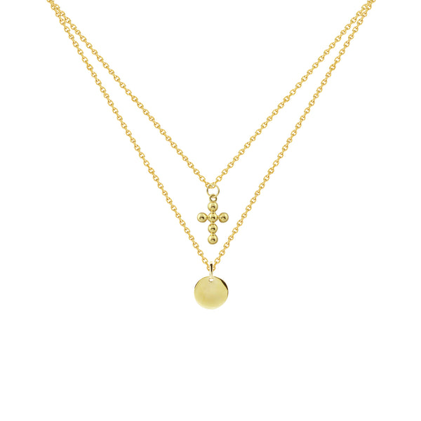 18K Saudi Gold Necklace with Disc and Cross Pendant