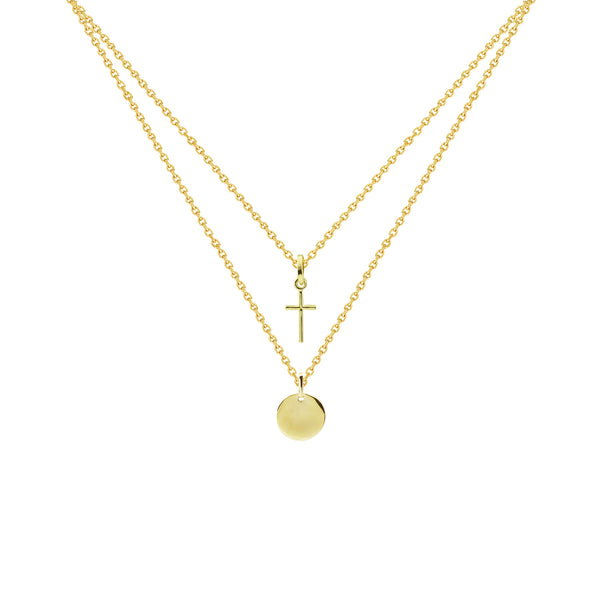 18K Saudi Gold Necklace with Disc and Cross Pendant