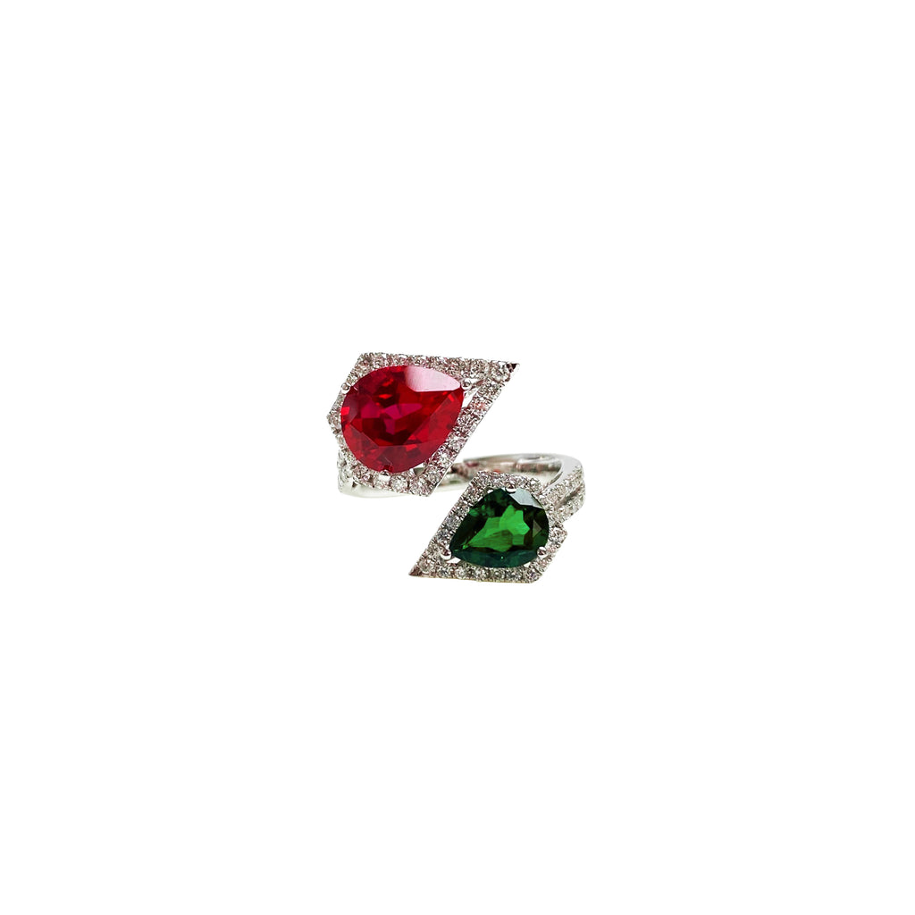 Ruby and Emerald Kissing Ring in 18K White Gold