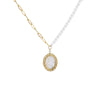 Half Freshwater Pearl - Half Paperclip Necklace with Our Lady of Graces in 14K Yellow Gold