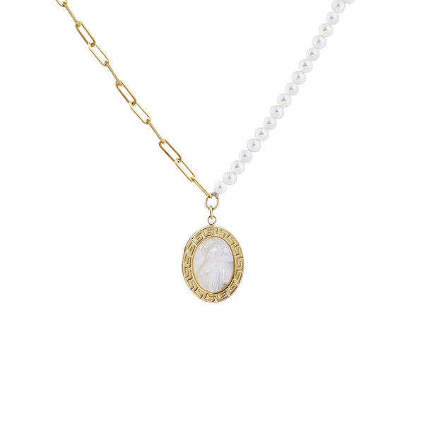 Half Freshwater Pearl - Half Paperclip Necklace with Our Lady of Graces in 14K Yellow Gold
