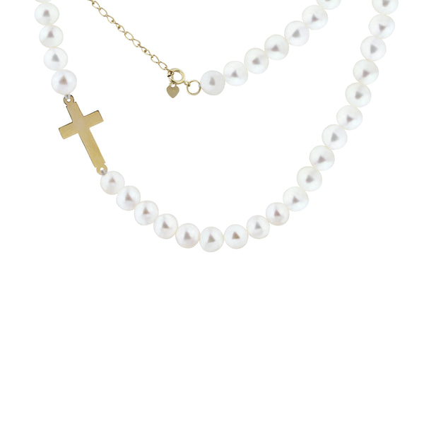 Freshwater Pearl Necklace with Cross Sideway Pendant in 14K Yellow Gold