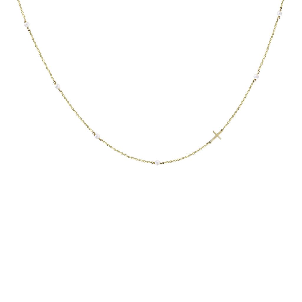 White Freshwater Pearl Choker with Cross Charm in 14K Yellow Gold