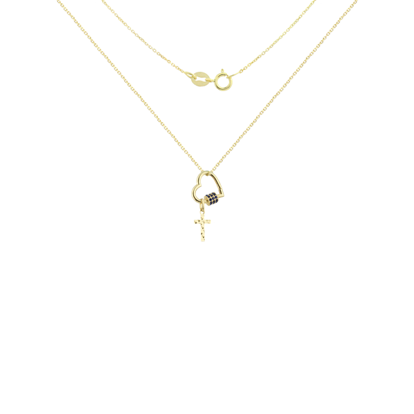 Cross in 18K Yellow Gold Heart Carabiner Necklace