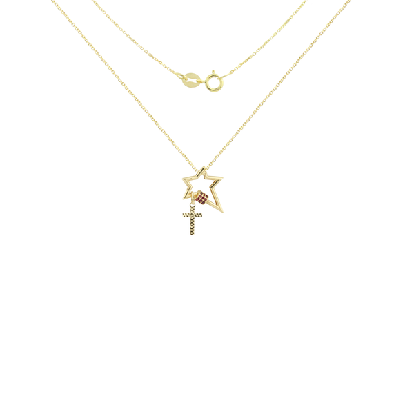 Cross in 18K Yellow Gold Star Carabiner Necklace