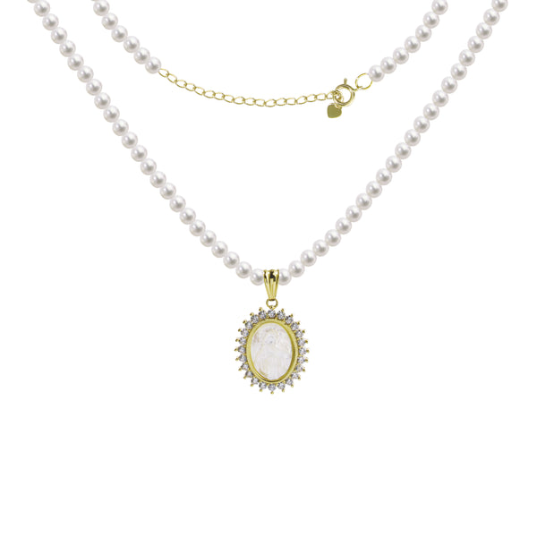 White Freshwater Pearl Strand with Miraculous Mary in Mother of Pearl Cubic Zirconia Pendant