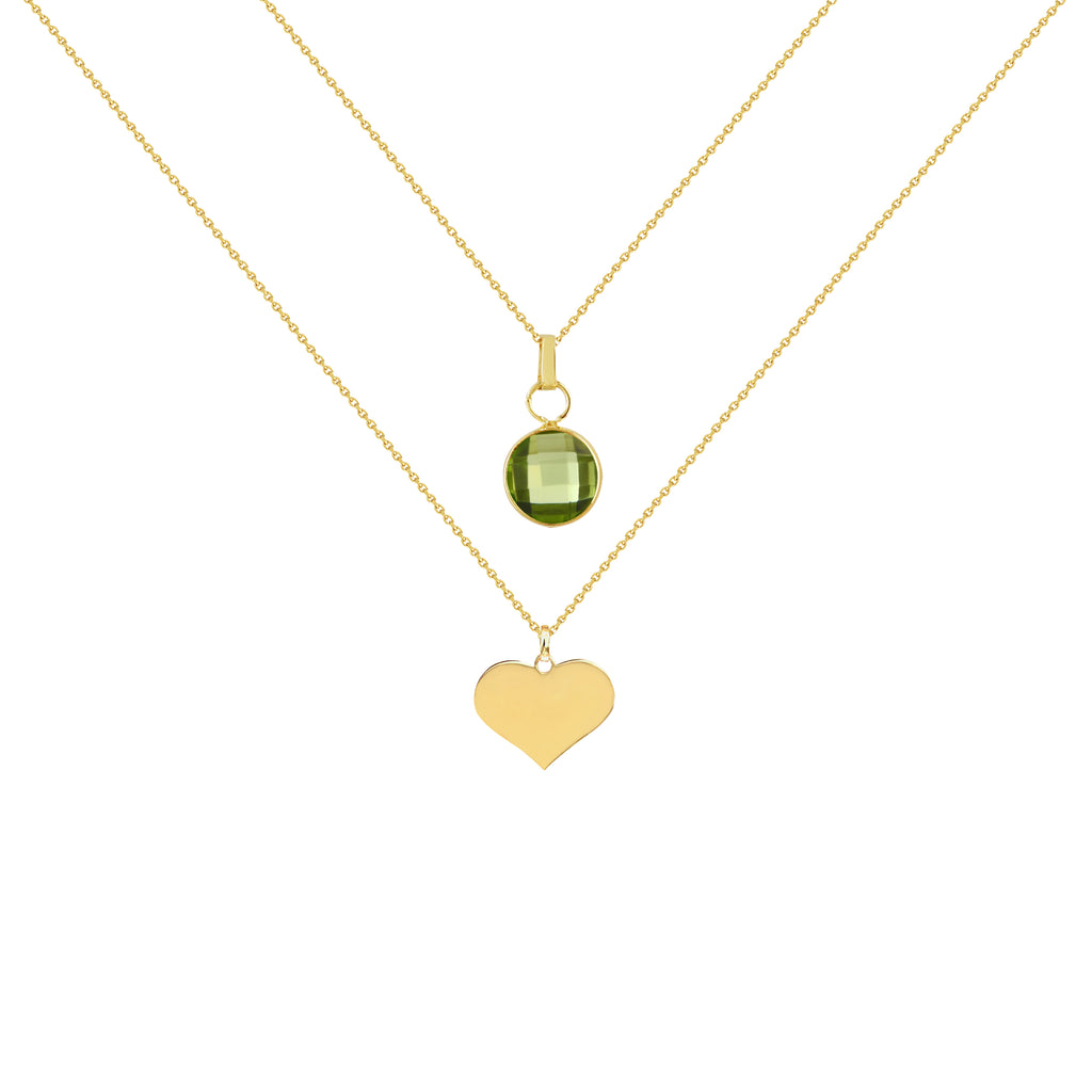 Two-Layer Yellow Gold Necklace with Birthstone Charm and Engravable Heart