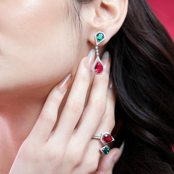 Ruby and Emerald Dangling Earrings in 18K White Gold