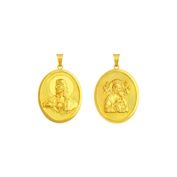 18K Chinese Gold Sacred Heart and Mother of Perpetual Help Reversible Oval Pendant