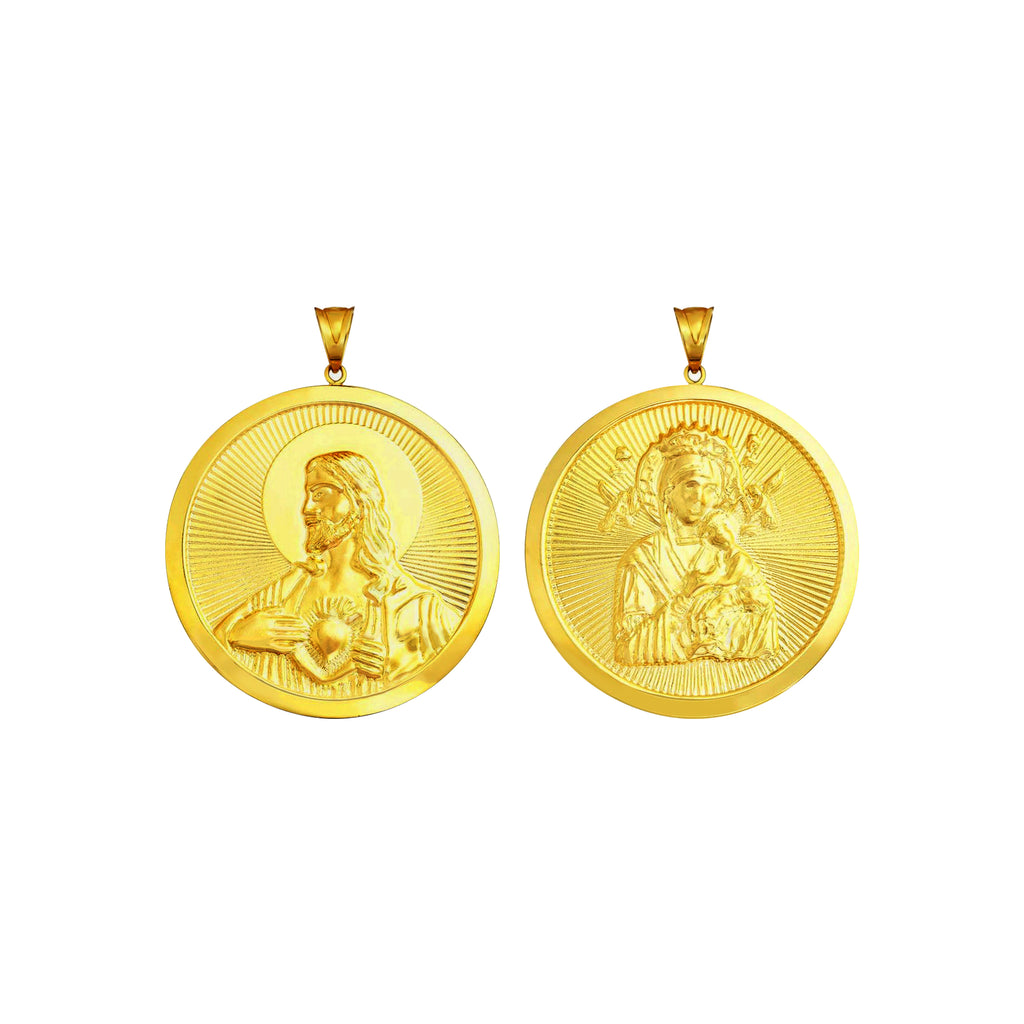 18K Chinese Gold Sacred Heart and Mother of Perpetual Help Reversible Round Pendant