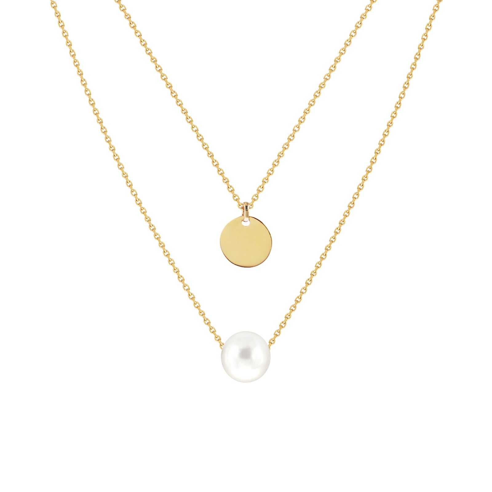 Two-Layer Necklace with Fresh Water Pearl and Engravable Disc Charm
