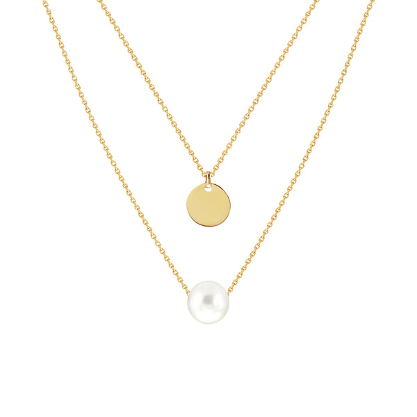 Two-Layer Necklace with Fresh Water Pearl and Engravable Disc Charm
