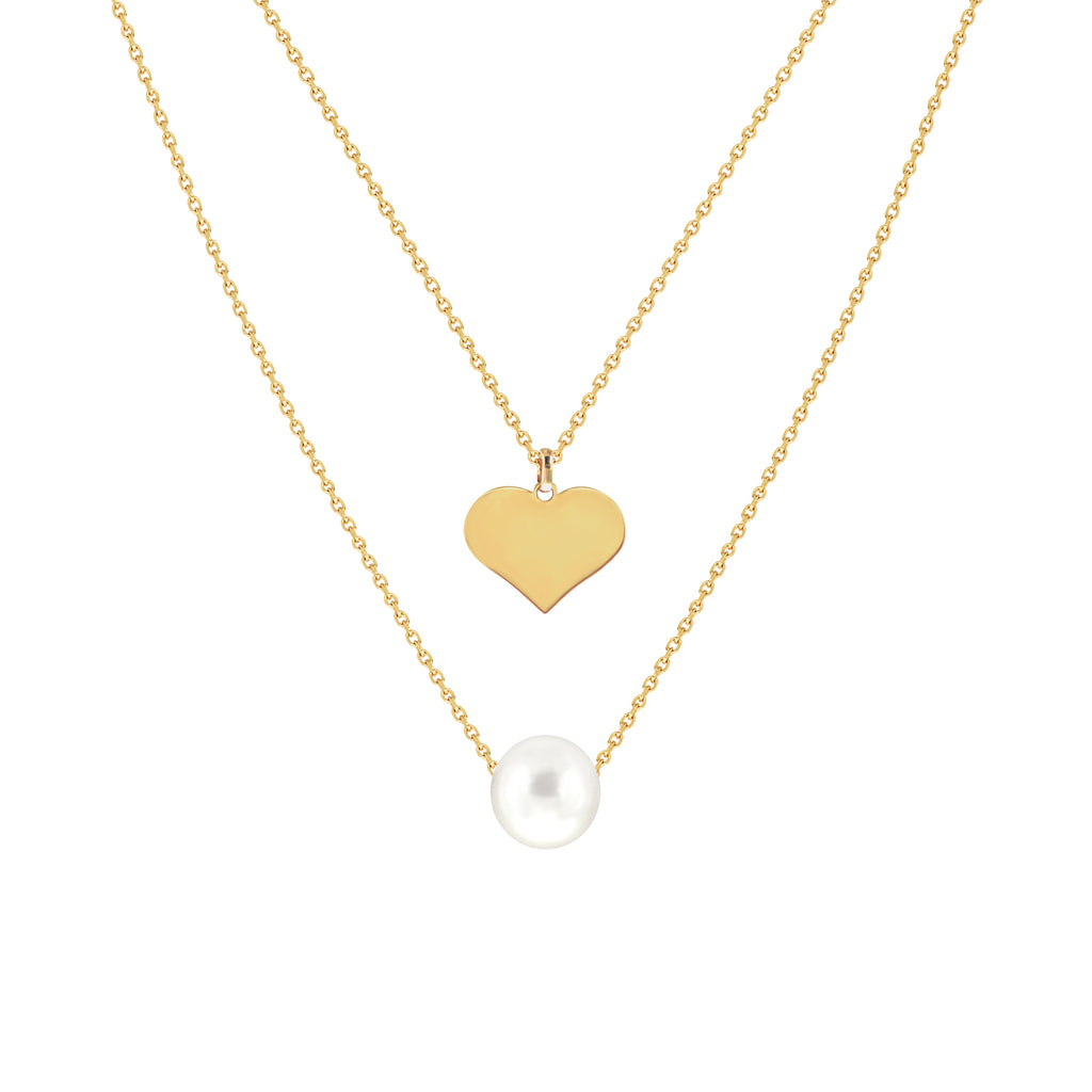 Two-Layer Necklace with Fresh Water Pearl and Engravable Heart Charm