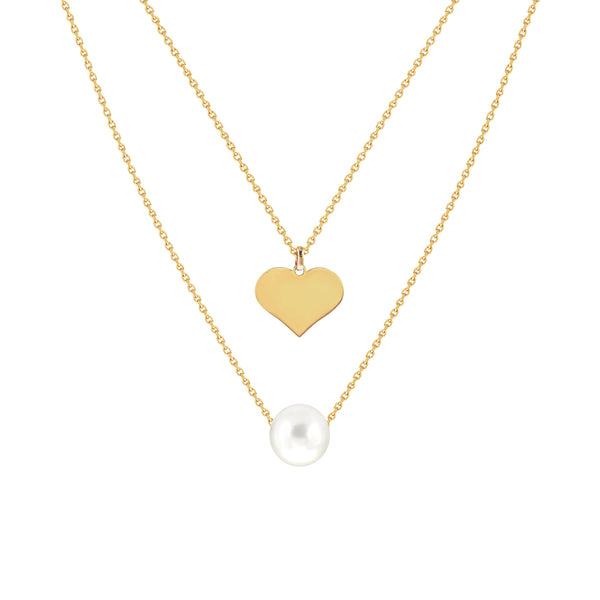 Two-Layer Necklace with Fresh Water Pearl and Engravable Heart Charm
