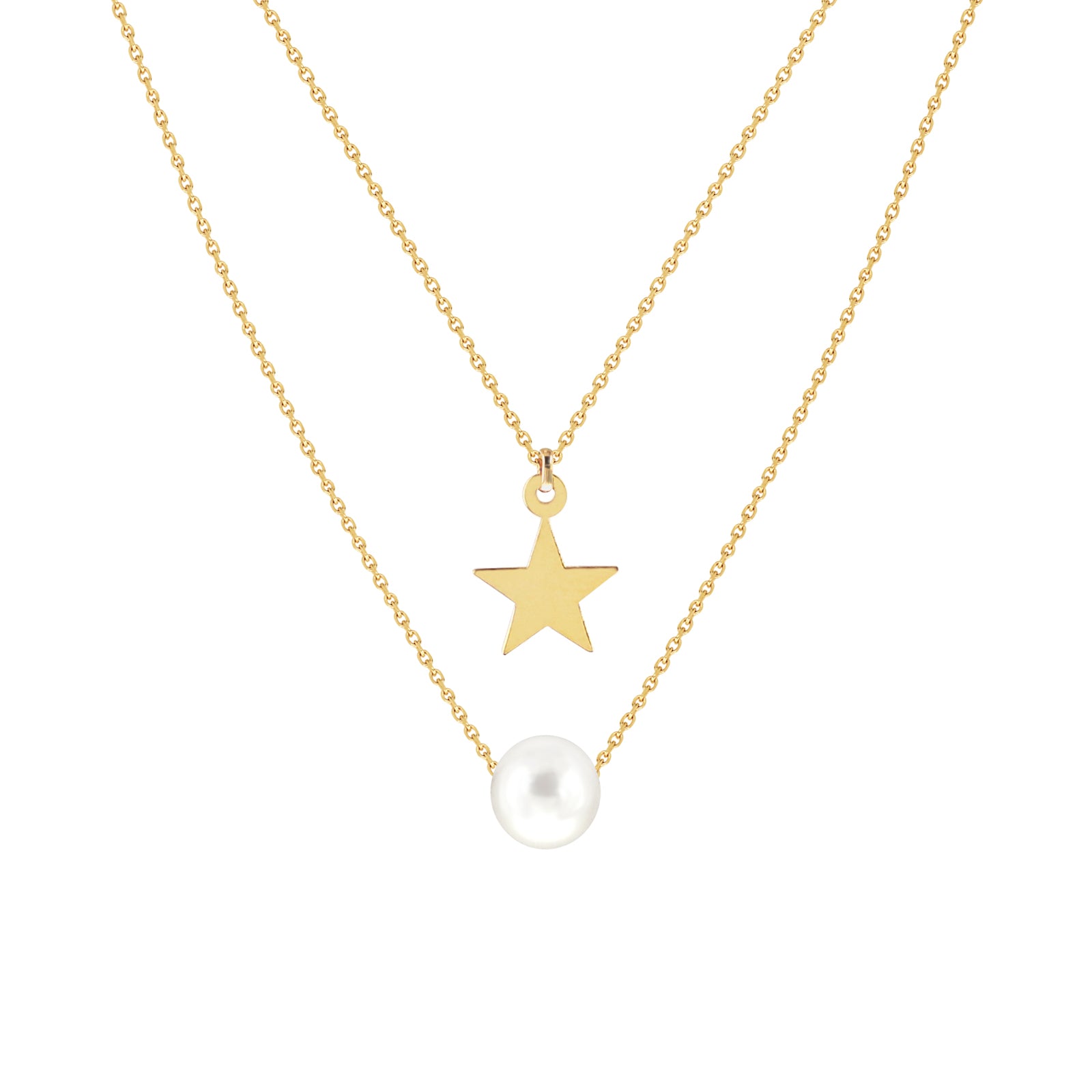 Two-Layer Necklace with Fresh Water Pearl and Engravable Star Charm
