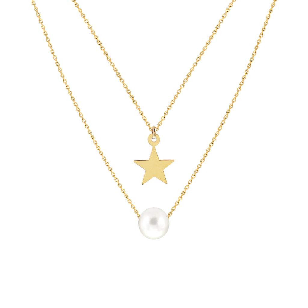 Two-Layer Necklace with Fresh Water Pearl and Engravable Star Charm